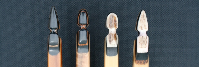 Royal Crown come standard pointed at the top and rounded at the bottom and are micarta and exotic wood, with optional elk antler tips